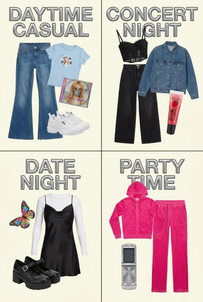 Four Y2K outfit ideas for curvy bodies laid flat showing casual, concert, date night, and party formulas.