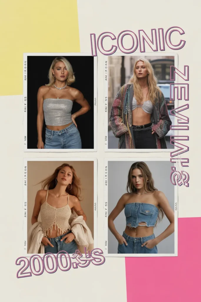 Four celebrity inspired tube top outfits mood board in Y2K editorial style