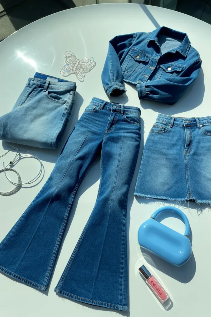 Four-piece Y2K denim capsule wardrobe flat lay with bootcut, flare, mini skirt, and cropped jacket.
