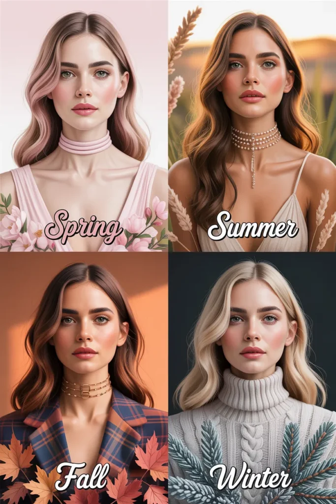 Four seasonal choker necklace outfits showing spring, summer, fall, and winter Y2K styling.