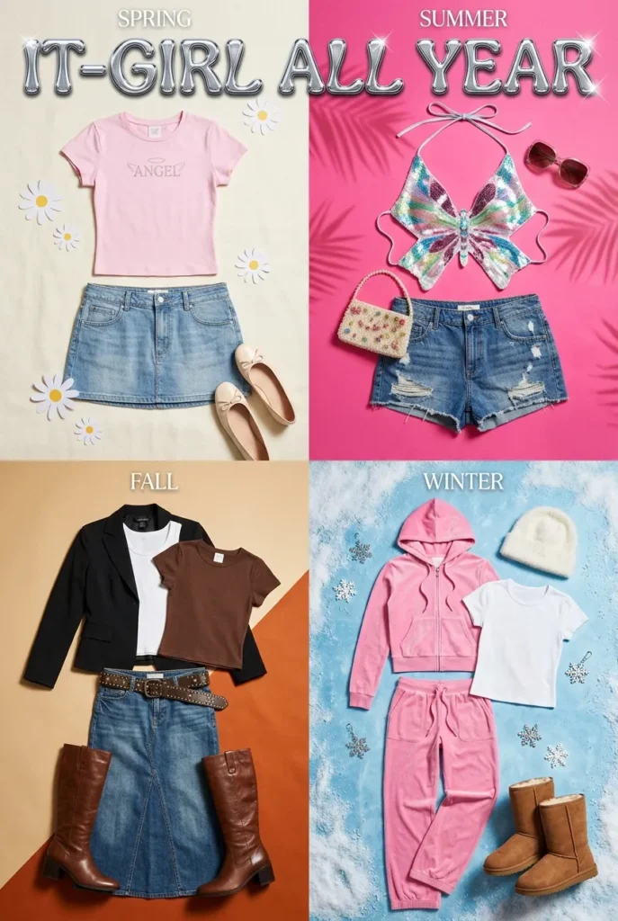 Four seasons of 2000s it-girl aesthetic outfits for spring, summer, fall, and winter.