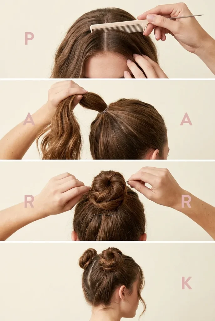 Four-step PARK Method space buns tutorial showing part, anchor, rotate, and pin technique