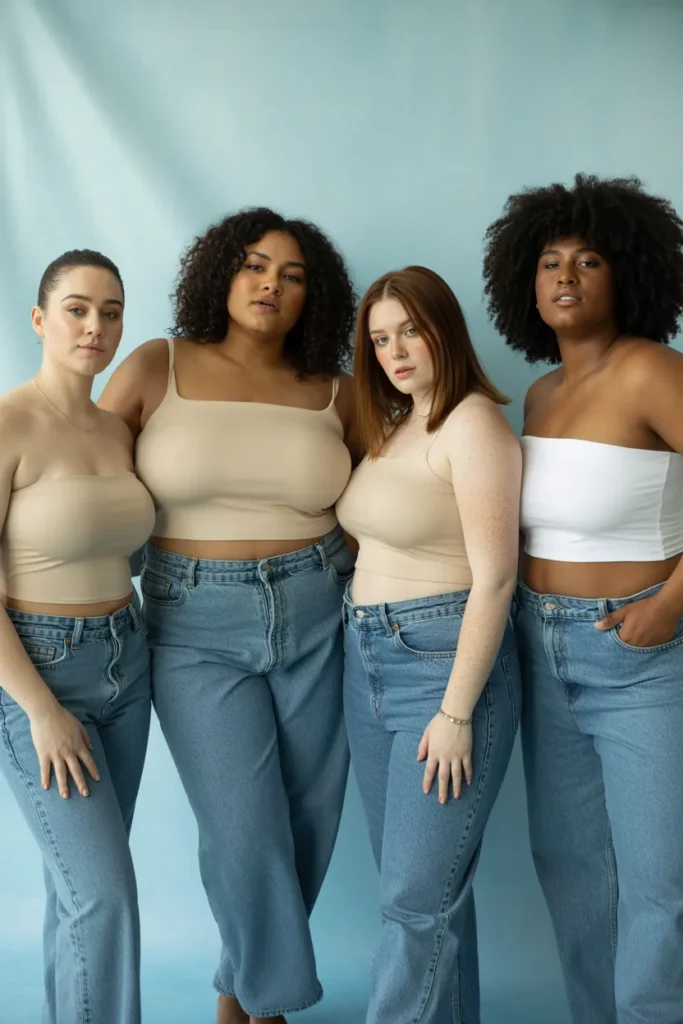 Four women modeling different tube top outfits for different body types in modern Y2K style