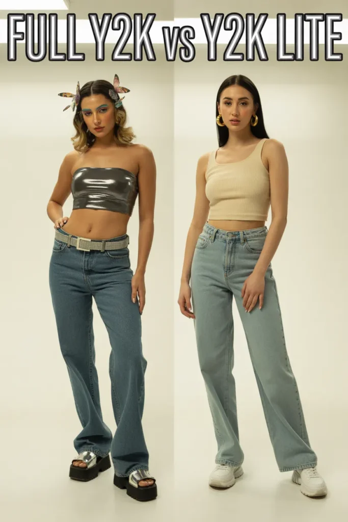Full Y2K versus Y2K-lite tube top outfit styling comparison