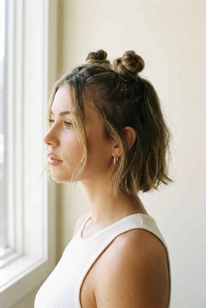 Half-up space buns tutorial demonstrated on chin-length short hair