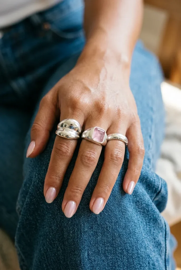 Hand wearing chunky silver Y2K rings with pink stone on a denim background, modern styling.