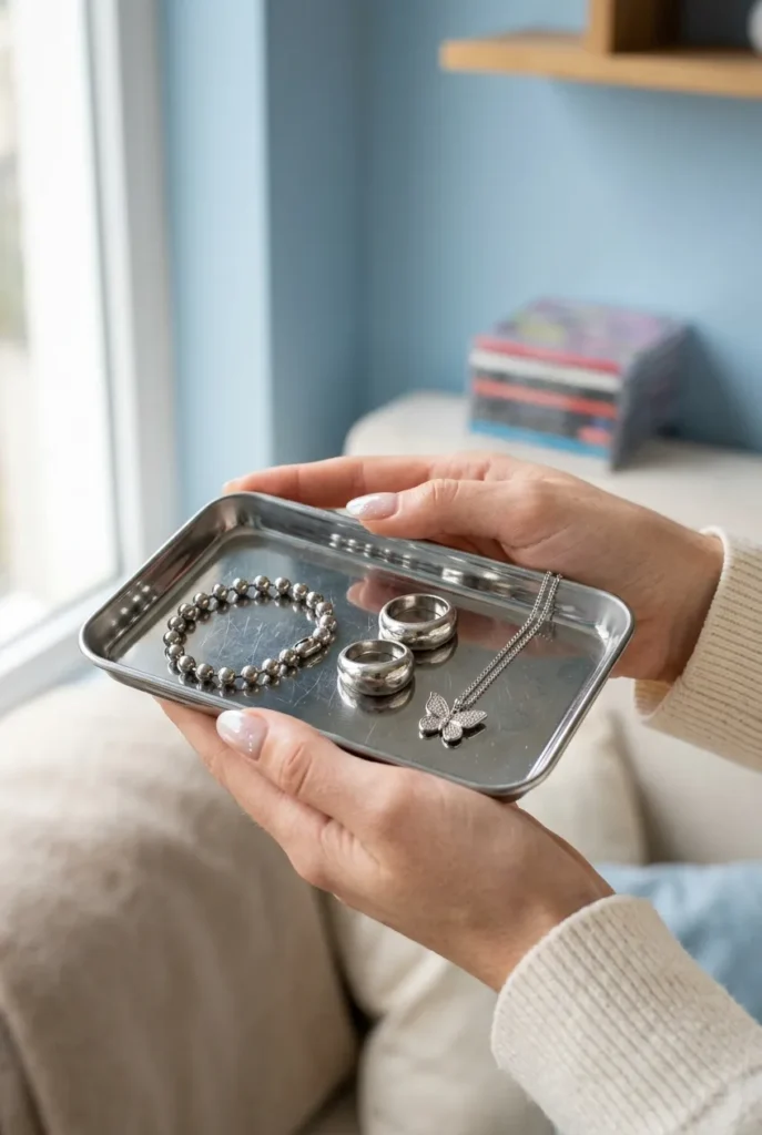Hands holding chrome tray with Y2K jewelry stack including silver rings and butterfly pendant.