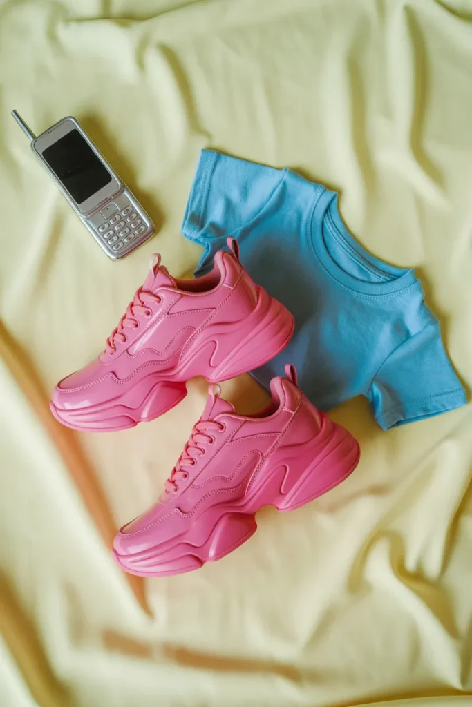 Hot pink chunky sneakers flat lay with flip phone and baby tee for Y2K outfit ideas