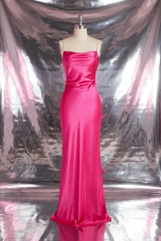 Hot pink satin Y2K prom dress with rhinestone straps as final hero editorial shot.