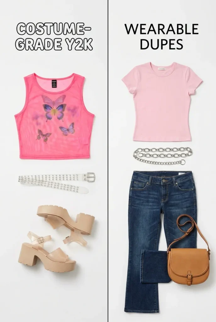 AlHow to spot real Y2K Amazon dupes versus costume cringe comparison flat lay.