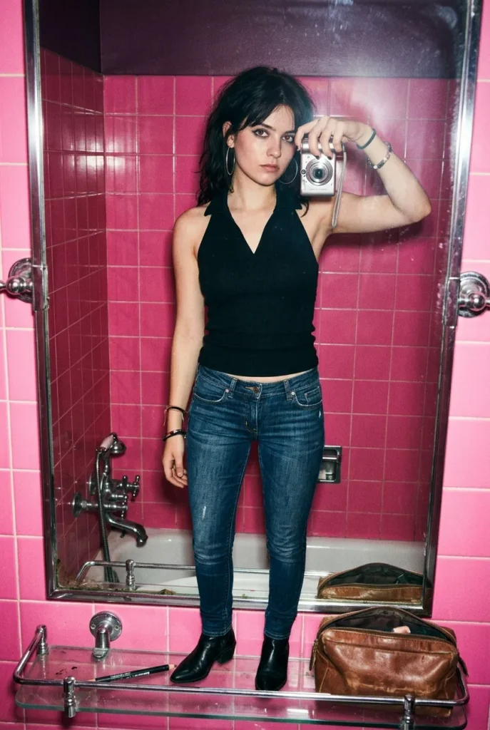 Indie sleaze halter top outfit with black ribbed halter, dark skinny jeans, and pointed boots in a chrome mirror selfie.