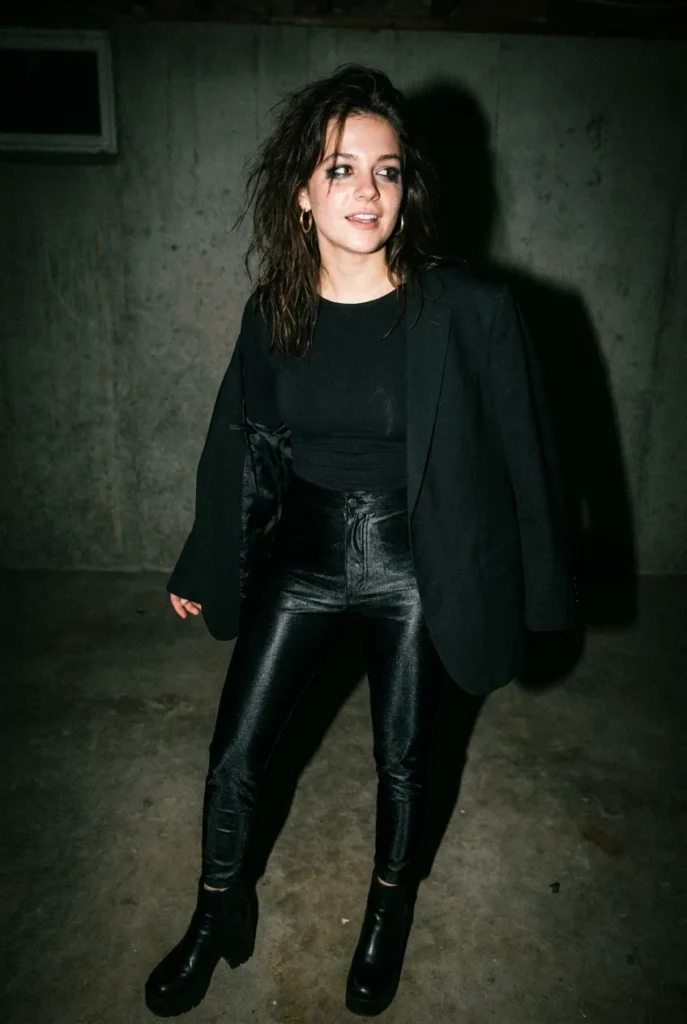 Indie sleaze late 2000s Y2K Amazon dupes outfit with disco pants, body-con top, and oversized blazer.
