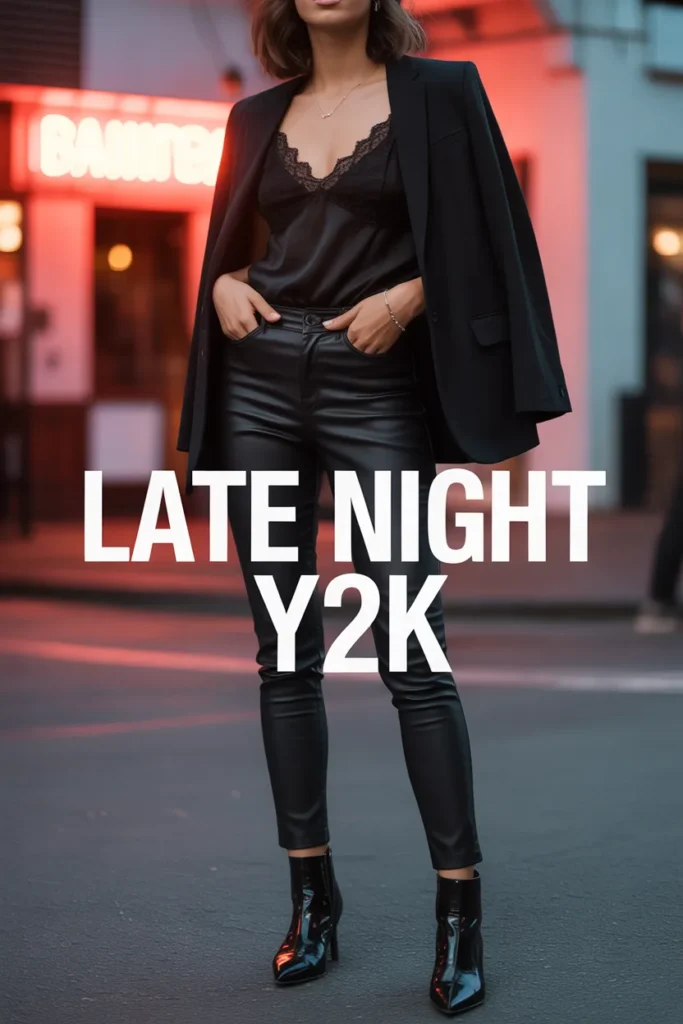 Late night Y2K date outfit with black lace cami, faux leather pants, and blazer for indie sleaze look