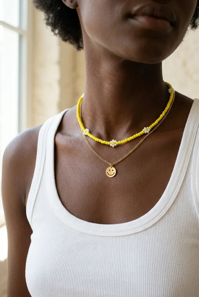 Layered beaded necklace and gold smiley charm chain over white baby tee, Y2K jewelry aesthetic.