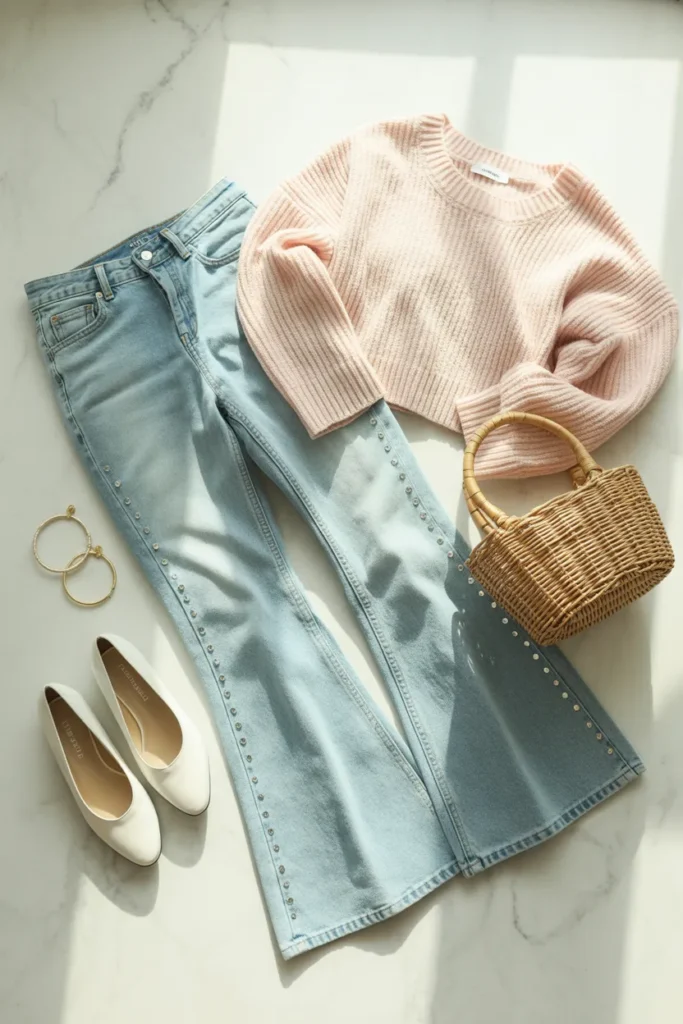 Light wash flare rhinestone jeans flat lay with pink sweater and ballet flats
