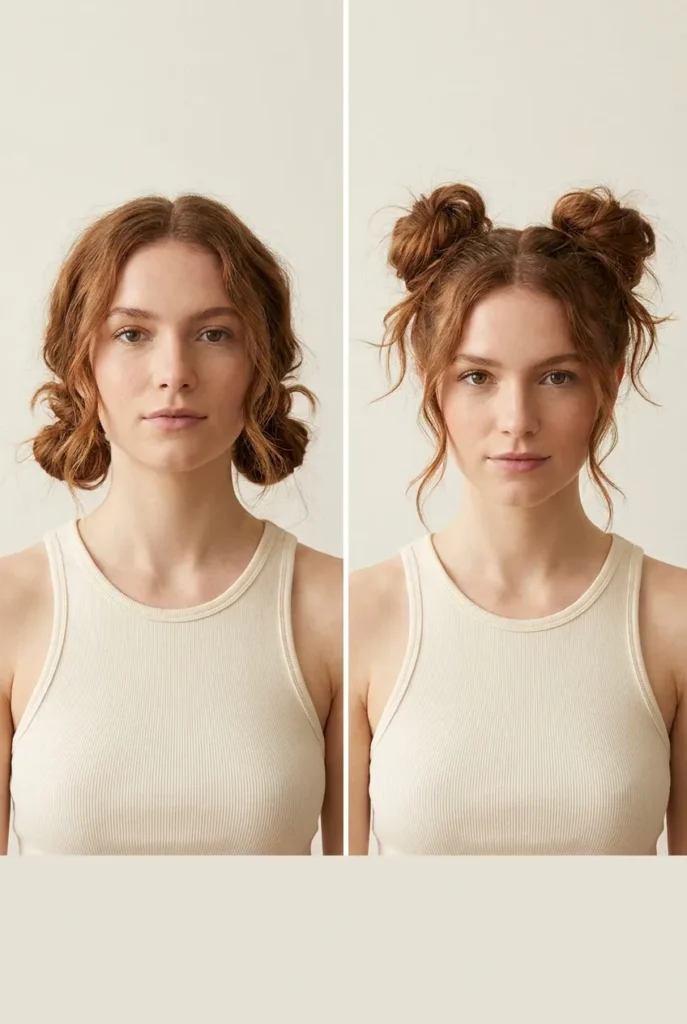 Low messy space buns versus high messy space buns tutorial comparison