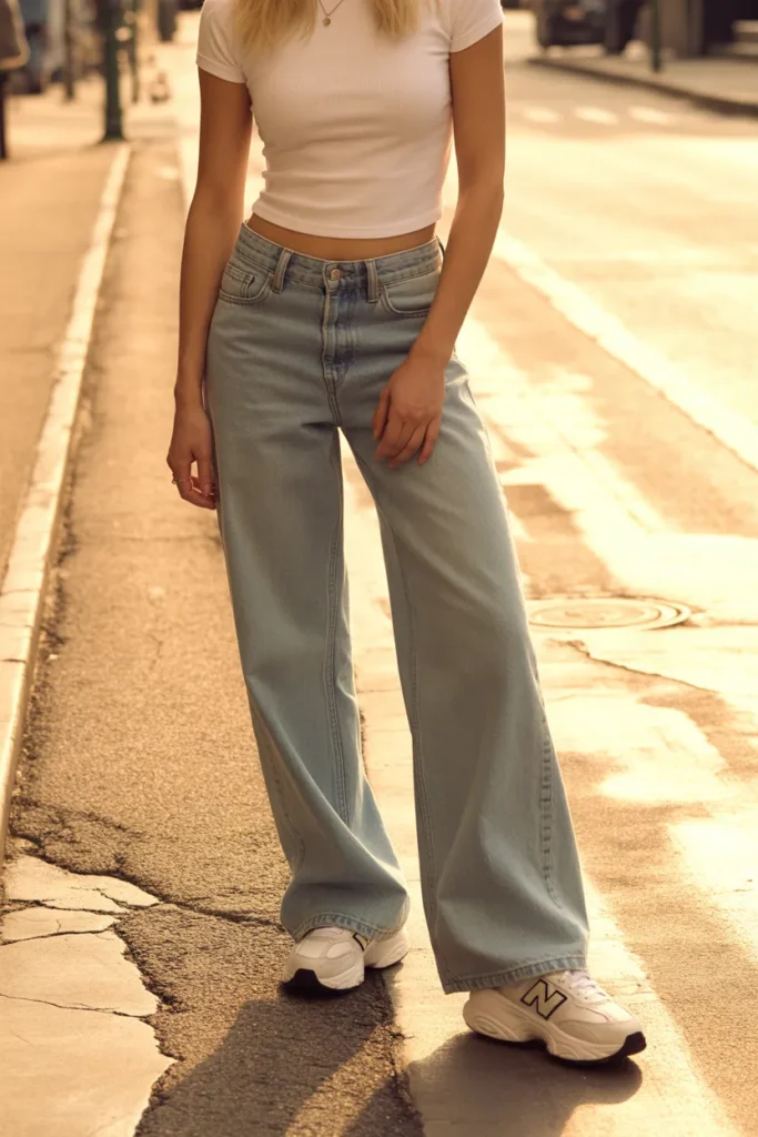 Low-rise jeans with white chunky sneakers outfit for casual Y2K street style