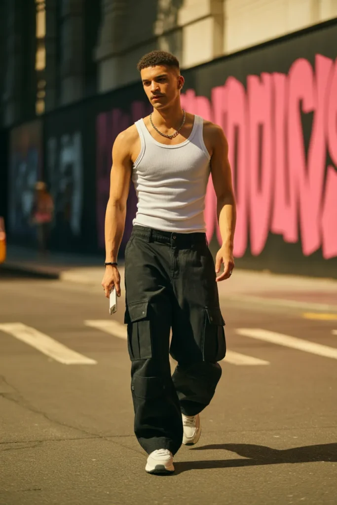 Man in baggy black Y2K cargo pants and fitted white tank styled with chunky sneakers.