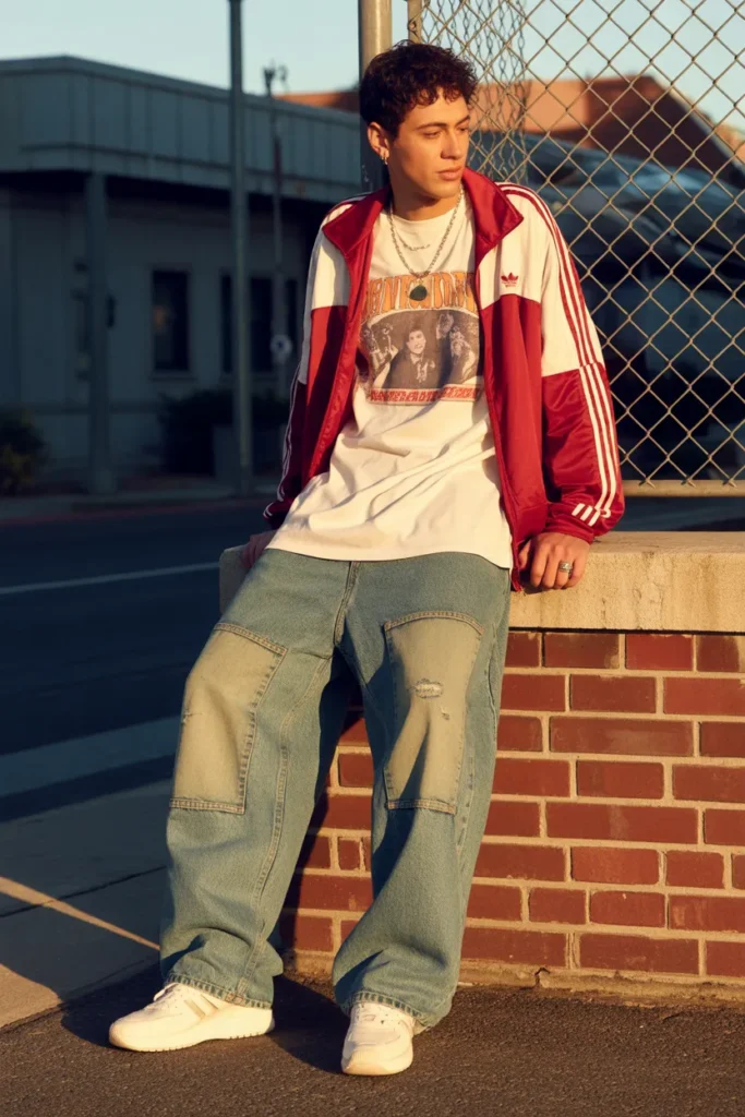 Mens Y2K thrift haul outfit with baggy jeans, graphic tee and vintage track jacket