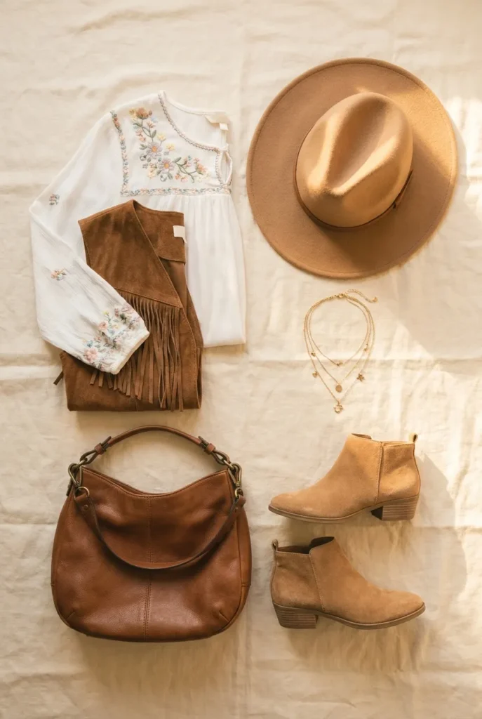 Mid 2000s boho chic Y2K Amazon dupes flat lay with peasant top, fringe vest, fedora, and suede accessories.