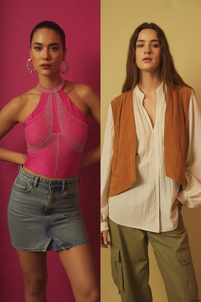 Mid 2000s color palette split showing McBling pink outfit and boho earth tone look