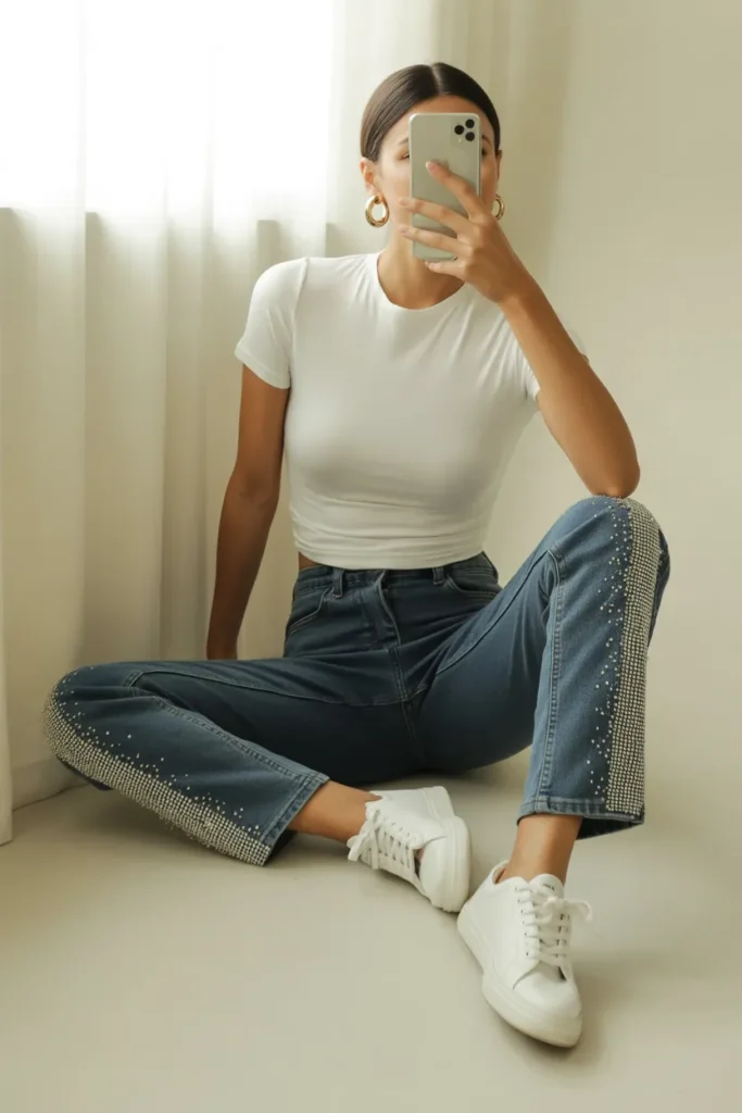 Mid-rise rhinestone jeans Y2K outfit with white baby tee and white sneakers