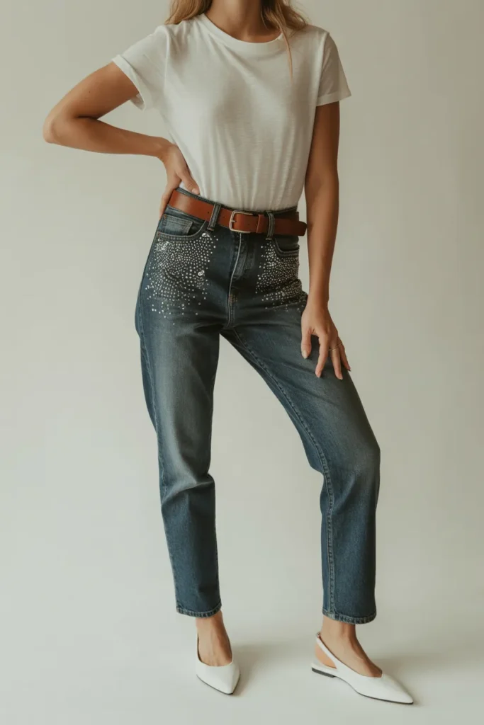 Mid-rise rhinestone jeans with white baby tee and pointed flats outfit