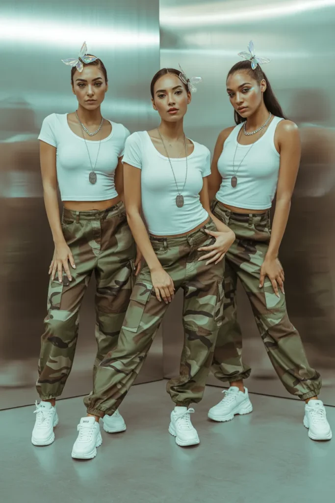 Modern recreation of Destiny's Child camo cargo outfits in mid-rise styling.