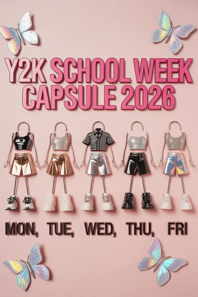 Monday to Friday Y2K back to school outfit capsule flat lay with five daily looks on pink background.