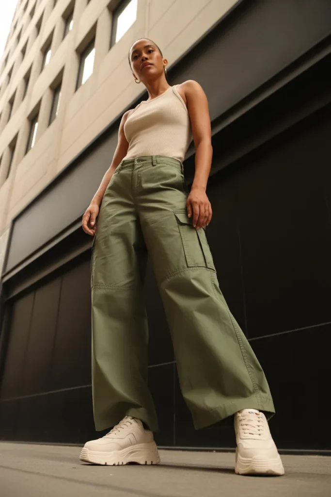 Neutral chunky sneakers with cargo pants soft streetwear outfit idea