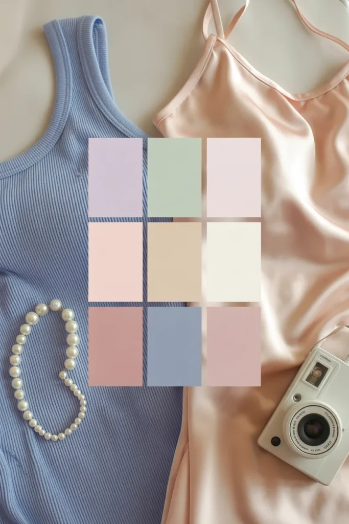 Newjeans Y2K color palette mood board with sherbet pastels and soft blue