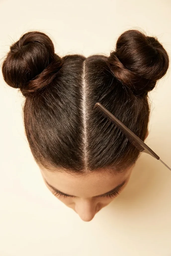 Overhead view of a clean center part splitting hair into two high symmetrical space buns