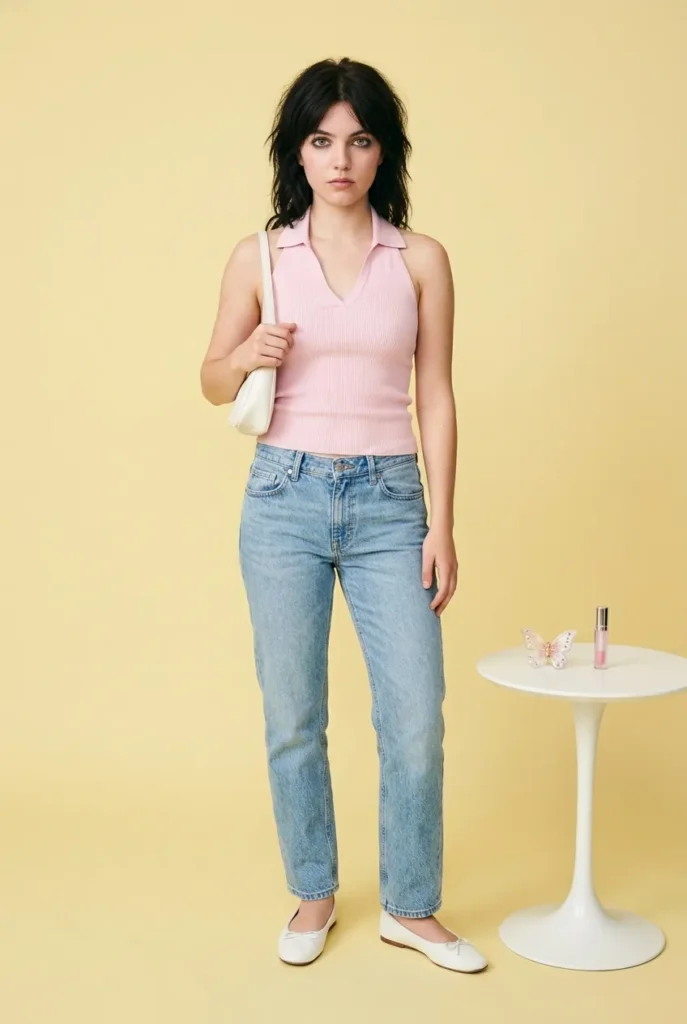 Pastel pink halter top outfit with mid-rise jeans and ballet flats, styled with butterfly clip and lip gloss.
