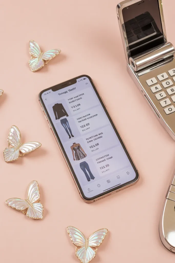 Phone displaying online Y2K vintage shopping apps surrounded by 2000s accessories