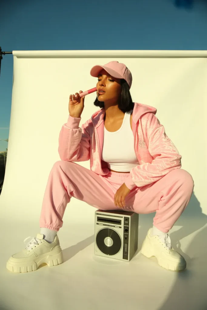 Pink velour tracksuit with white chunky sneakers Paris Hilton 2000s outfit