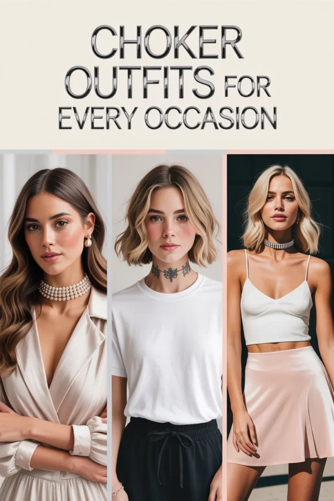 Pinterest collage of choker necklace outfits for date night, casual day, and concert occasions.