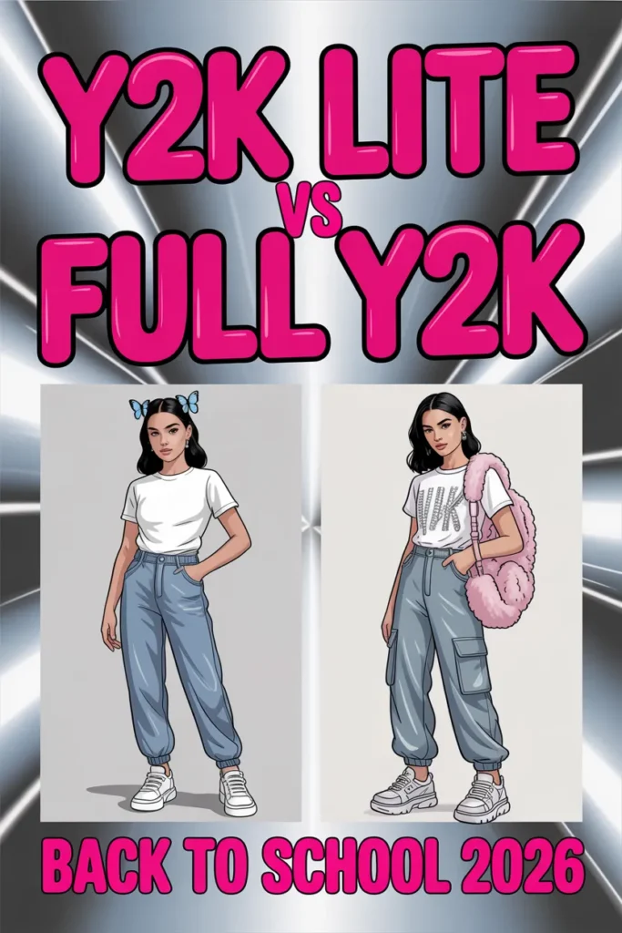Pinterest pin comparing Y2K-Lite and Full Y2K back to school outfits side by side with chrome text overlay.