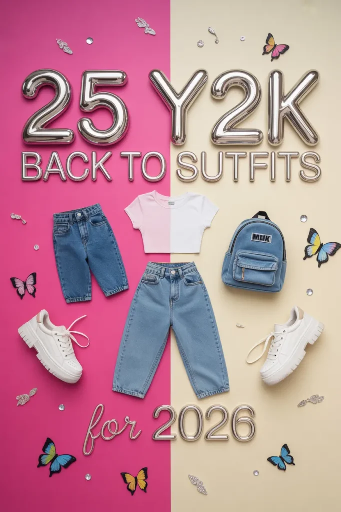 Pinterest pin showing 25 Y2K back to school outfit ideas for 2026 with flat lay and chrome text overlay.
