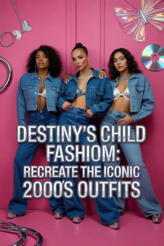 Pinterest pin showing Destiny's Child fashion recreated in coordinated denim outfits with Y2K typography.