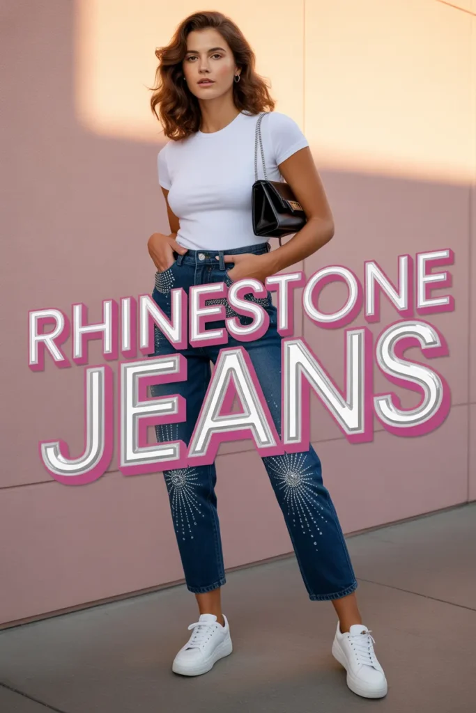 Pinterest pin showing rhinestone jeans Y2K outfit with white baby tee and sneakers