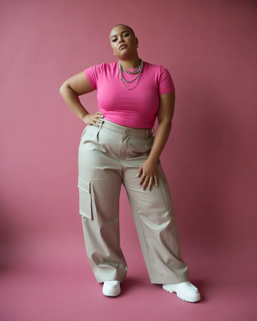 Plus-size Y2K outfit featuring hot pink baby tee and low-rise cargo pants