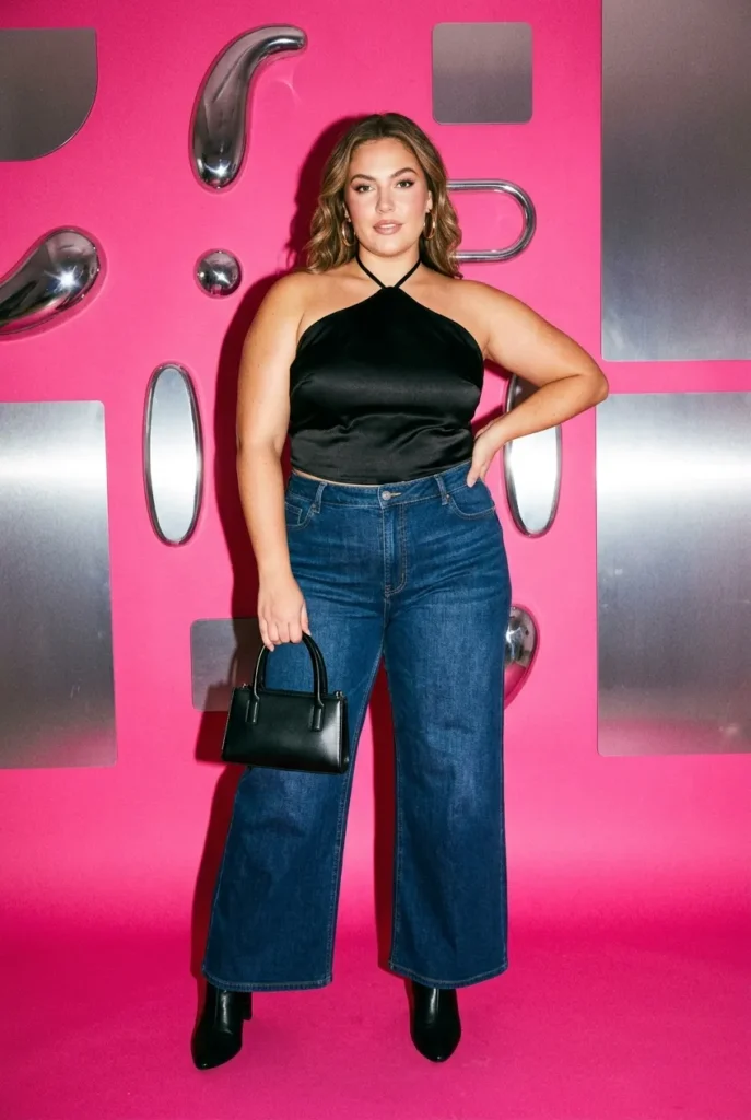Plus size halter top outfit with black satin tie-back halter, mid-rise wide-leg denim, and ankle boots.