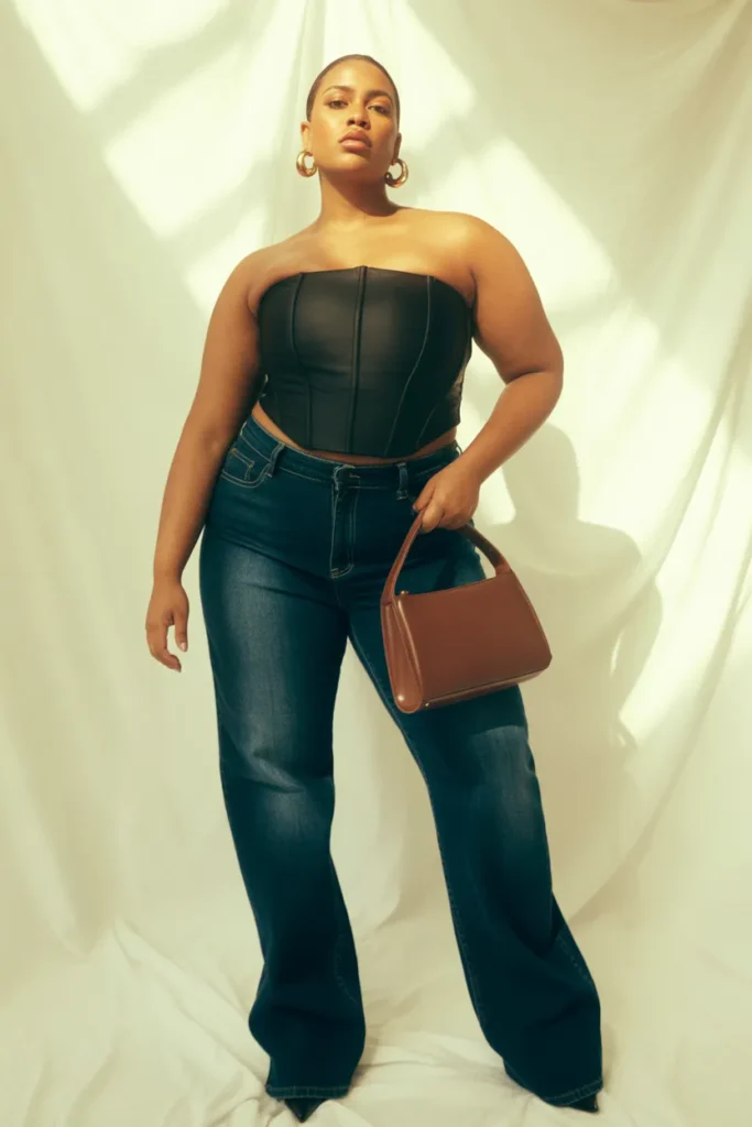 Plus size tube top outfit with structured fit and high rise denim