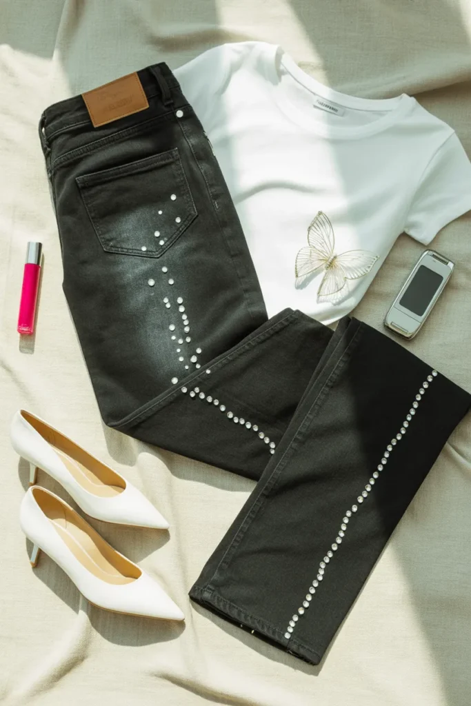 Rhinestone jeans flat lay with white baby tee and Y2K accessories on cream background