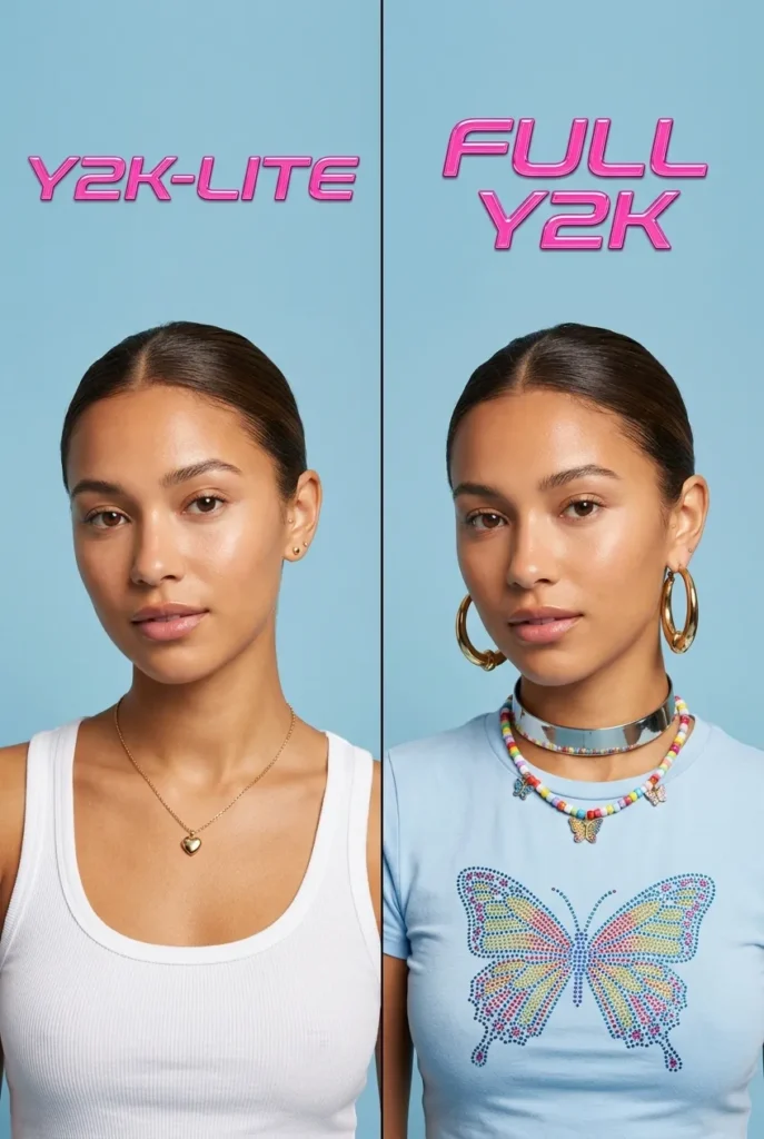 Side-by-side comparison of Y2K-lite minimal jewelry styling versus full Y2K stacked jewelry look.