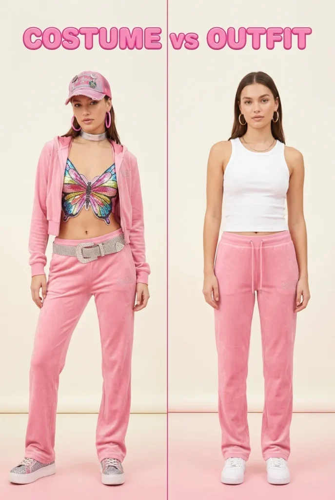 Side by side comparison of costumey vs wearable 2000s it-girl aesthetic outfits.