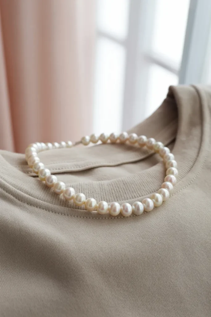 Single-strand pearl choker on a white baby tee, styled for classic pearl choker outfits.
