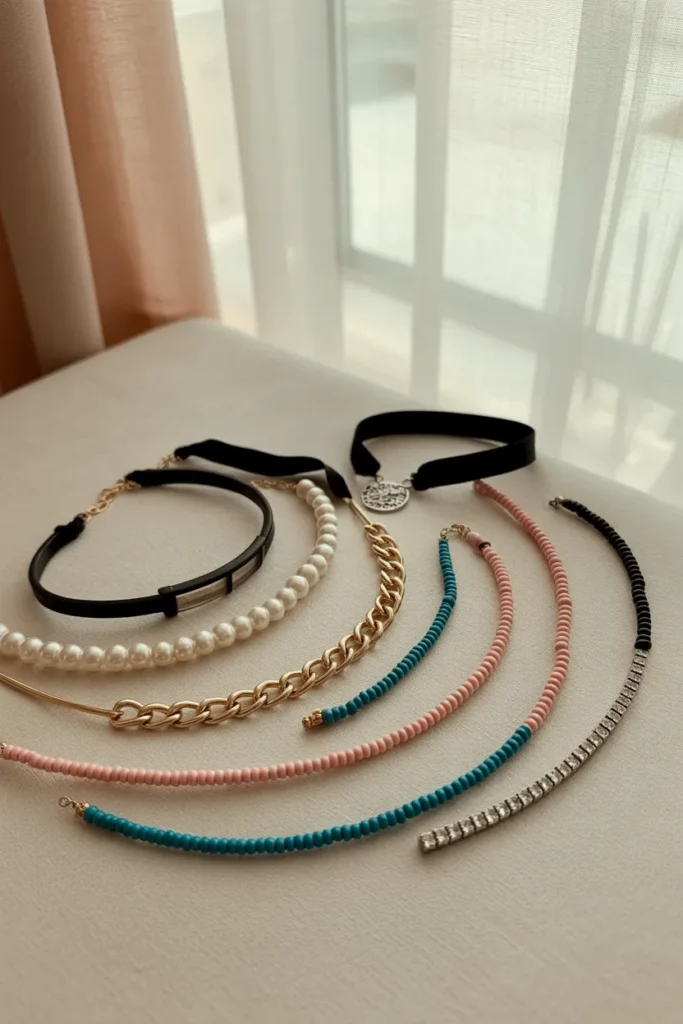Six Y2K choker necklace styles in a flat lay, including pearl, gold, tattoo, and velvet versions for different choker necklace outfits.