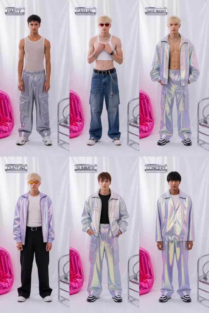 Six Y2K outfit ideas for men by occasion including party, casual, date night, summer, and concert looks.