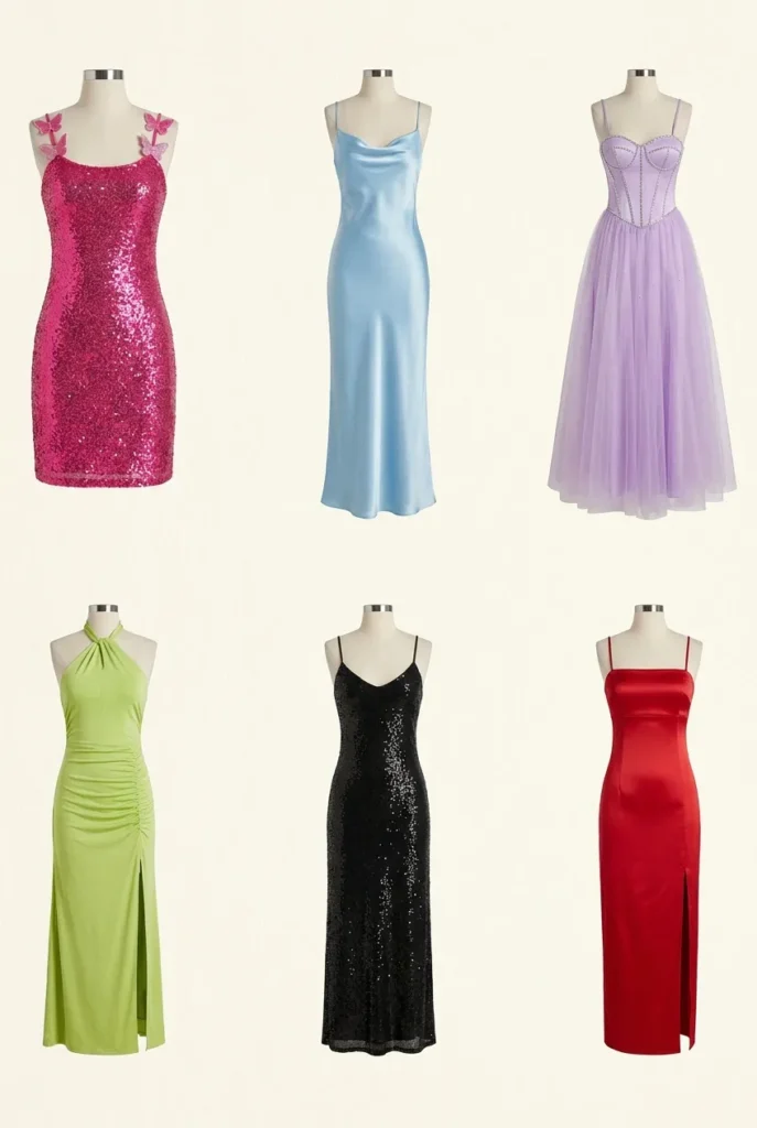 Six Y2K prom dress colors lined up hot pink, ice blue, lavender, lime, black sequin, and red.